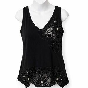 Sassy Thai Black Embellished Tank Top | Beaded Floral Detail | Size M